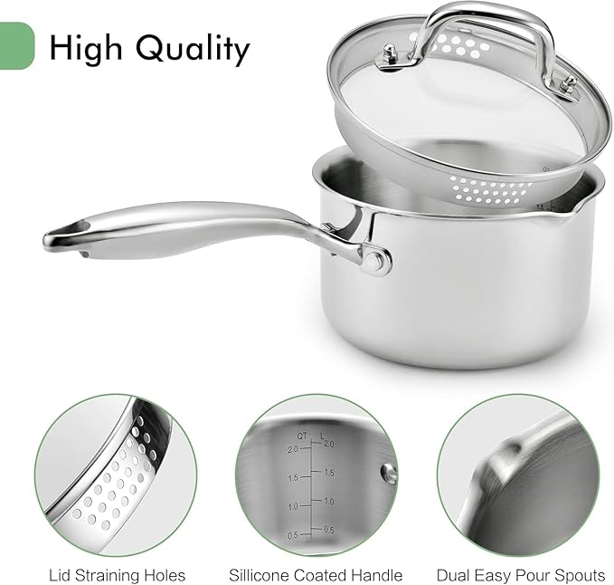Tri-Ply Stainless Steel Sauce Pan with Steamer Basket & Strainer Glass Lid–Multi-Function Pot 2.5 QT- Modern Sleek Design–Safe,Chemical-Free& Stylish Cookware–Upgrade Your Kitchen with Healthy Cooking