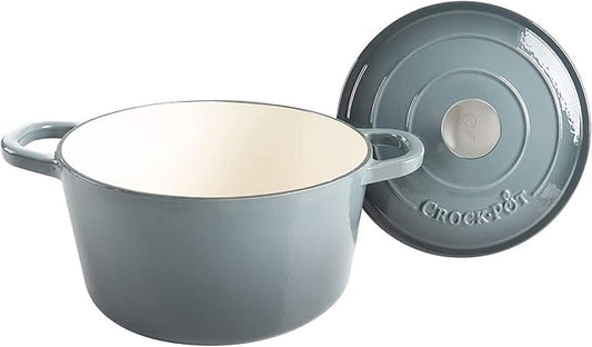 Crock-Pot Artisan 7-Quart Round Enameled Cast Iron Dutch Oven – Slate Gray, Heavy-Duty Cookware for Slow Cooking, Baking, Roasting with Lid