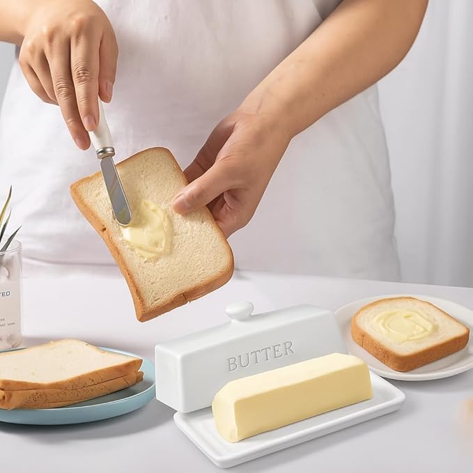 Butter Dish with Lid,WERTIOO Butter Dish With Lid for Countertop,7.6" x 3.3" Butter Tray,Butter Holder for 1 Stick.Textured Tray Butter Keeper for Non Slip Storage,Ceramic - White