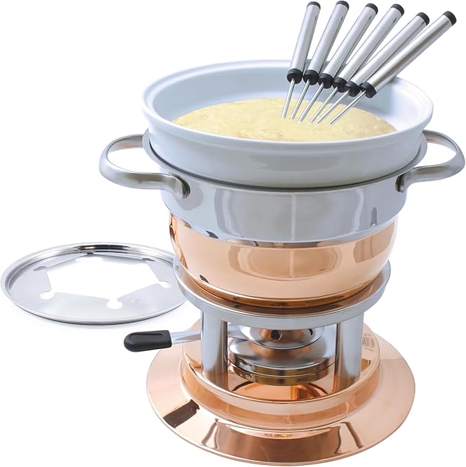 Swissmar Lausanne 11-Piece Copper Plated Fondue Set - Ideal for Cheese & Chocolate Fondue, Oil & Broth Cooking - Perfect for Kitchen Collection & Wedding Gifts - 1.8 Liter / 1.9 Quarts