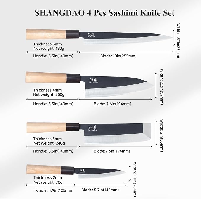 SHANGDAO Japanese Kitchen Chef Set Of 4 Knives Set Sushi Knife Set, Nakiri-Yanagiba-Deba-Utility Kitchen Knife,Fish Slicing Filleting Knife Sets, German Steel