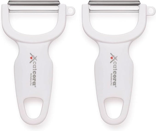 CatCora Swiss-Style Peeler, Professional German Tempered Stainless Steel Blade For Peeling Fruits and Vegetables and Garnishing, Ergonomic Contoured Handle, White, Set of 2