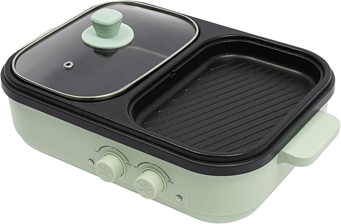 Electric Hot Pot with Grill, 2-in-1 1300W Non-Stick Pot - Dual Temperature Control, Lightweight & Compact, Fast Heating for Korean BBQ, Frying, Grilling Steak (Green)