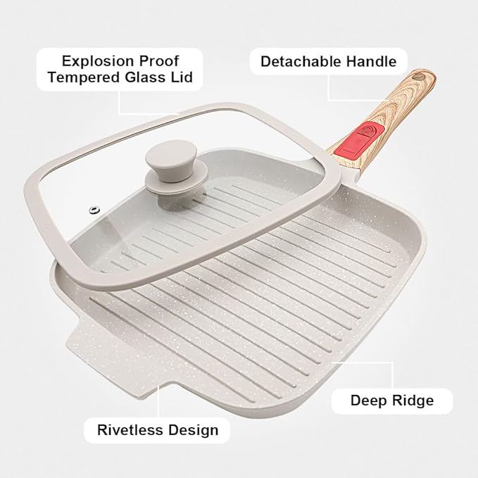 RANX INGST Griddle Pan with Lid, 10 Inch Cast Aluminium Non Stick Steak Pan with Detachable Handle for Induction Hob, White