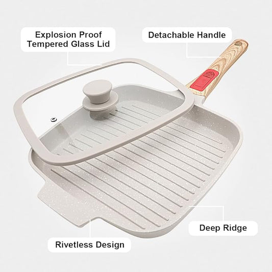 RANX INGST Griddle Pan with Lid, 10 Inch Cast Aluminium Non Stick Steak Pan with Detachable Handle for Induction Hob, White