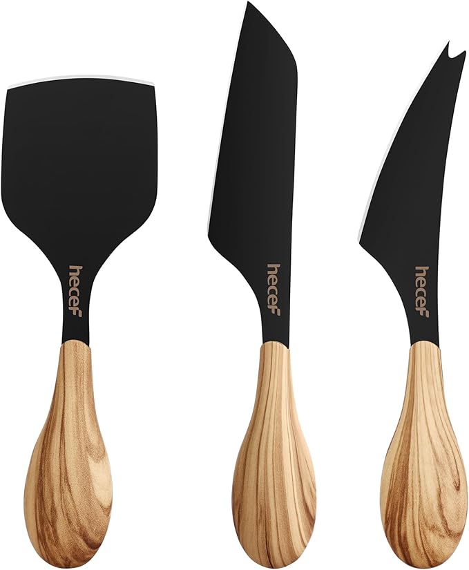 hecef Cheese Knife Set of 3, Includes Pronged, Hard Cheese & Chisel Knife, Matte Black Stainless Steel Knives with Wood Grain Handles, Cheese Tools for Charcuterie Boards, Entertaining, Feast