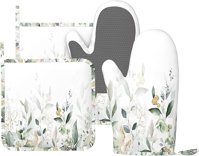 Eucalyptus Sage Silicone Oven Mitts and Pot Holders Sets Watercolor Botanic Kitchen Mitts Leaf and Buds Leaves Potholder Kitchen Accessories for Cooking Baking BBQ