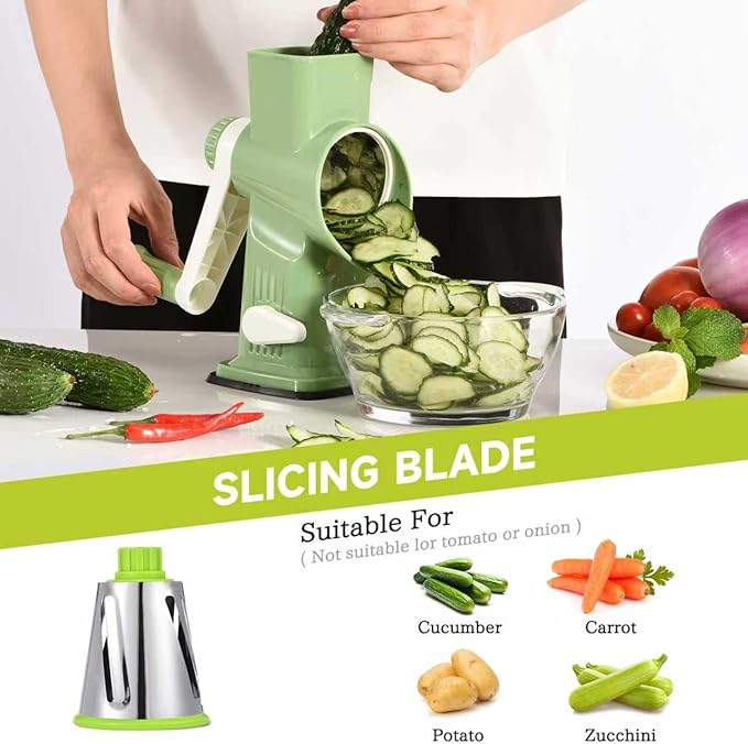 Rotary Cheese Grater with Handle Kitchen Shredder Slicer Grater Slicer Ice Shaver Cheese Vegetable Nuts Potato Zucchini Chocolate 3 Interchangeable Blades (Green)