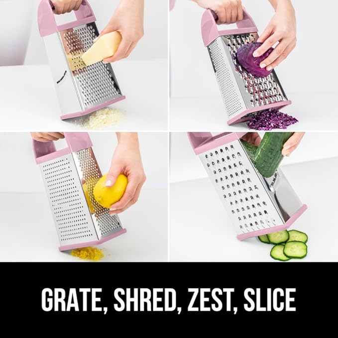 GORILLA GRIP 4-Sided Stainless Steel Cheese Grater With Container, 100% BPA-Free Box Grater, Slip Resistant Base and Handle, Grate Parmesan, Hard Cheeses, Shred Vegetables, Dishwasher Safe, Pink