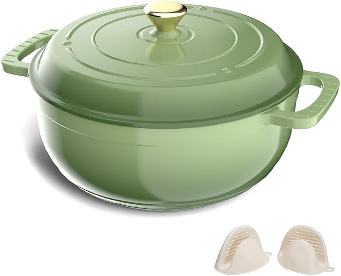 VINGLI 7.5QT Enameled Cast Iron Round Dutch Oven Pot with Lid, NonStick Casserole Pot with Dual Handles & Silicone GlovesRed, Oven Safe up to 500°F or on Stovetop, Dutch Oven for Bread Baking, Green