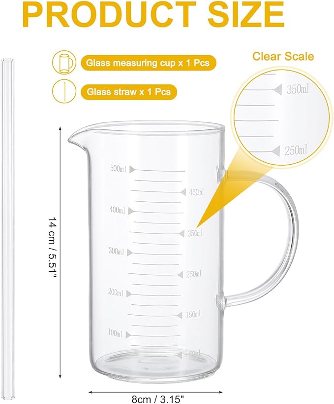 PATIKIL 500ml Glass Measuring Cup, Borosilicate Glass Beaker Graduated Liquid Measure Cups with Straw V-Shaped Spout for Kitchen Drinking Restaurant, White Printed Scale