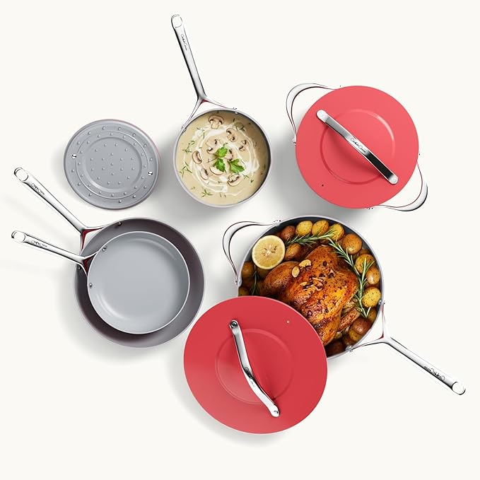 8-Piece Red Non-Stick Ceramic Pots & Pans Set with Lids, Complete Kitchen Cookware for Soup, Pasta, Boiling & Sautéing, Dishwasher Safe, Induction Compatible, From Stovetop to Oven Safe