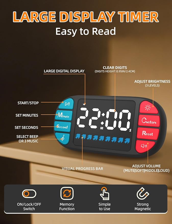 DOOMAY Digital Kitchen Visual Timer: 3.6'' Large LED Display, Magnetic, 3 Brightness, 4 Alarms and Volume, Memory Function, Countdown Count up for Cooking, Classroom, Home Gym, AAA Battery Included