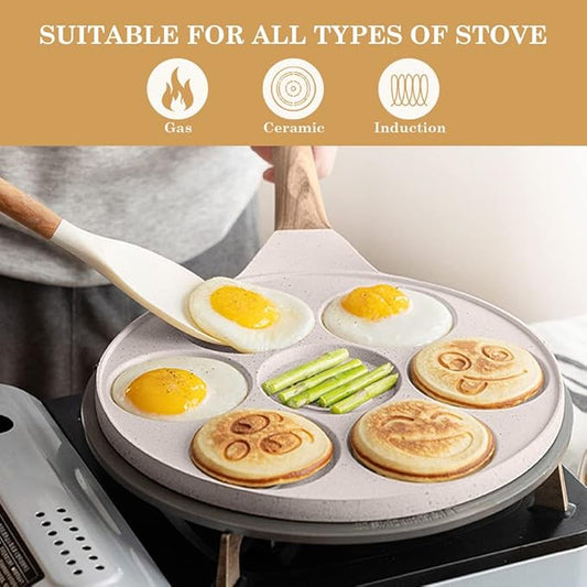 Pancake Pan Induction for Kids, Pancake Shapes Pan, Mini Pancakes Maker Nonstick Pancake Griddle 7 Holes Smiley Face Pancake Mold for Breakfast, 10 Inch (White)