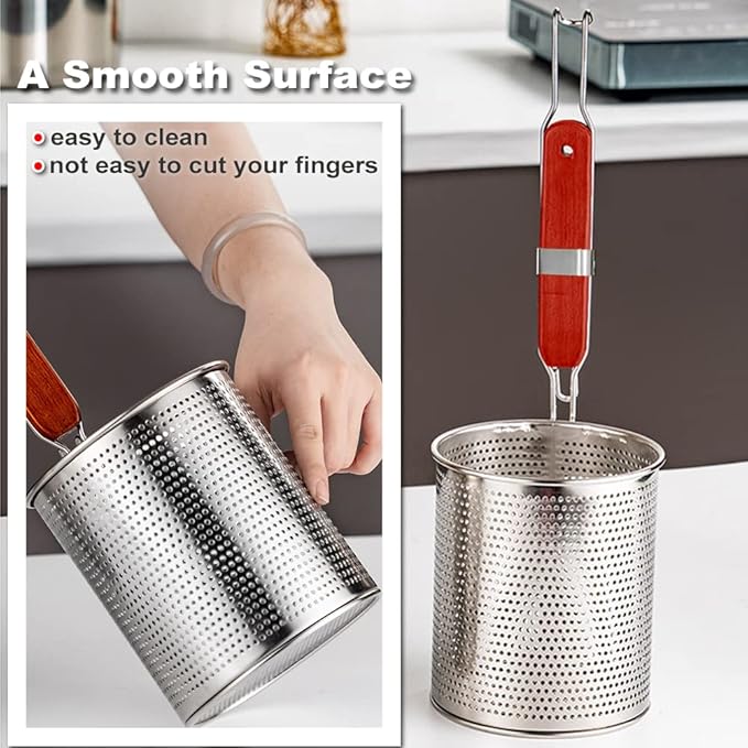 Tenta Kitchen Micro-Perforated Stainless Steel Pasta Basket Mesh Spider Food Dumpling Noodle Strainer,Fine Mesh Skimmer Kitchen Fine Sieve Mesh Strainer with Wooden Handle (Strainer, 12cm)