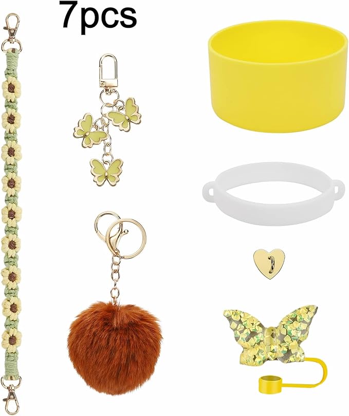 Accessories Set Including Water Bottle Handle Strap, Silicone Boot, Resin Butterfly Straw Cover, Straw Topper, Lip Balm Sleeve, Butterfly & Hairball Charms for Stanley Cup Tumbler