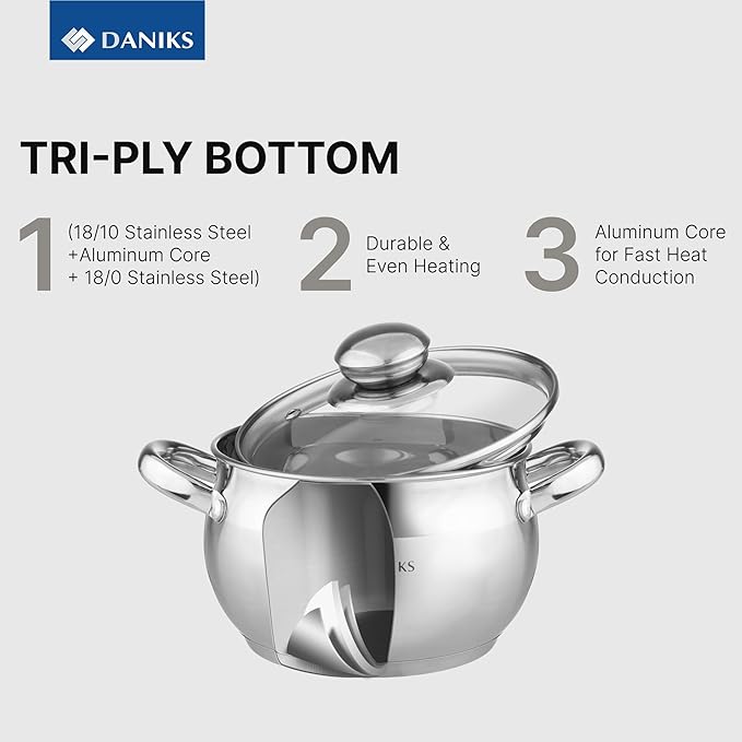 Daniks Classic 6-Piece Stainless Steel Cookware Set with Glass Lids, Tri-Ply Bases for Even Heating, Induction Compatible, Dishwasher Safe