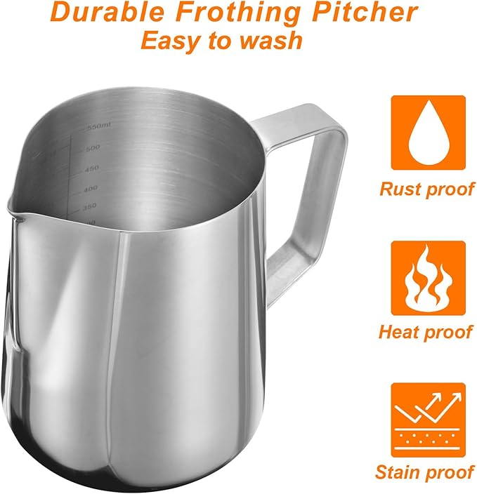 uxcell Milk Frothing Pitcher, 21oz / 600ml Stainless Steel Milk Frother Cup with Scale for Milk Steaming Pitcher Latte Art Cappuccino Coffee Espresso Accessories Tool, Silver Tone