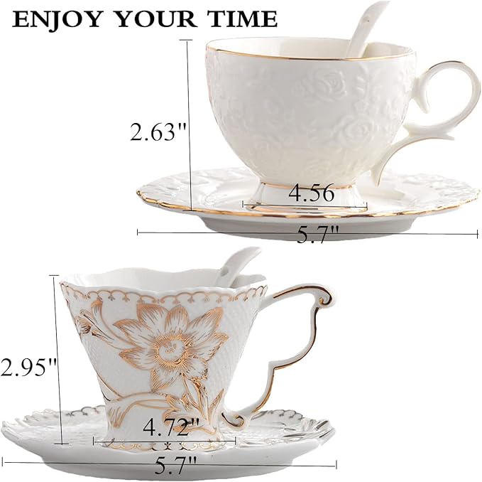 Vintage Bone China Tea Cups and Saucers - Rose Flower Teacup Set, 6.8 Oz, Euro Style for Tea Party and Christmas Gifts