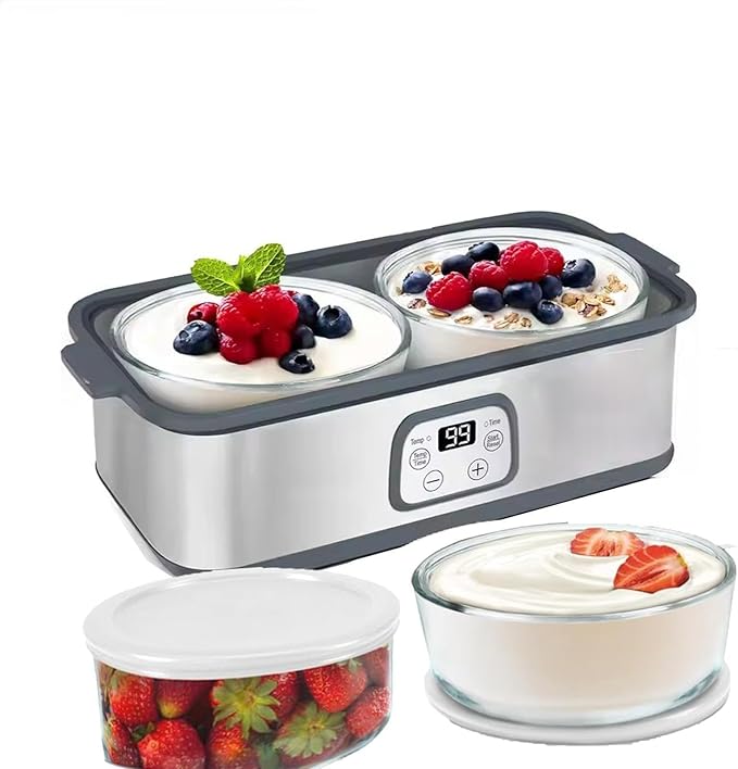 Probiotic Yogurt Maker with Adjustable Time & Temp Control - Make Trillions of Live Probiotics with Two 1-Quart Containers for Larger Batches - Greek Yogurt Maker (2 Glass Jars)