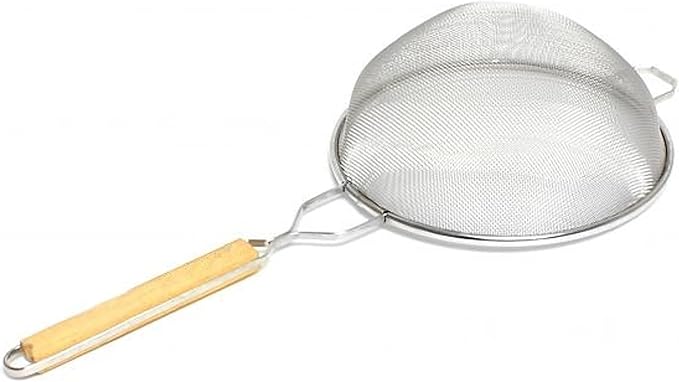 TrueCraftware- 10-Inch Single Medium Mesh Strainer Stainless Steel 10-3/4" Handle Length Wooden Handle- Kitchen Utensil Food Strainer Skimmer Spoon for Cooking Sieve Sifters Pasta Fruits Vegetable