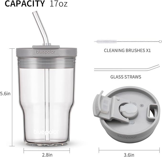 Glass Cups with Lids and Straws,16oz/480ml Reusable Iced Coffee Glasses & Juice Bottles,Cold Brew Tumblers with Leakproof Lids,BPA-Free Glass Jars for Juicing,Matcha,Tea,Smoothie (Grey)