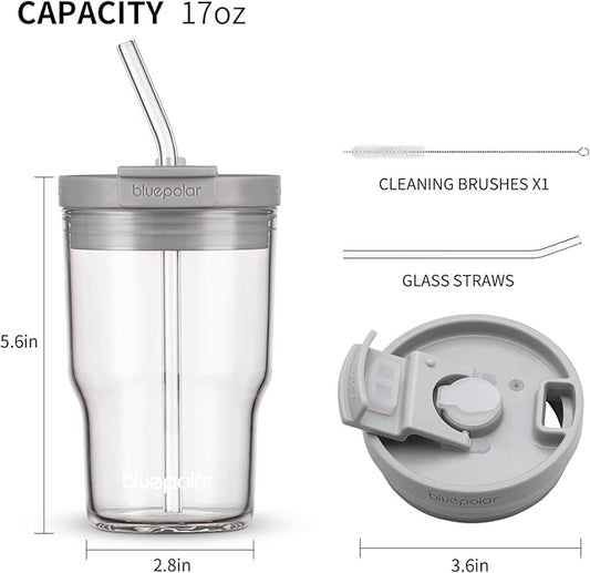 Glass Cups with Lids and Straws,16oz/480ml Reusable Iced Coffee Glasses & Juice Bottles,Cold Brew Tumblers with Leakproof Lids,BPA-Free Glass Jars for Juicing,Matcha,Tea,Smoothie (Grey)