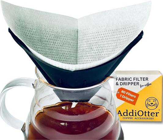 AddiOtter Pour-over Coffee Set Fit for 1-2 Cup Coffee Brewing at Home/Outdoors, Includes 1 Two-way Dripper & 80 Disposable Fabric Coffee Filters, Flip-and-use Dripper with Cone & Trapezoid Shape
