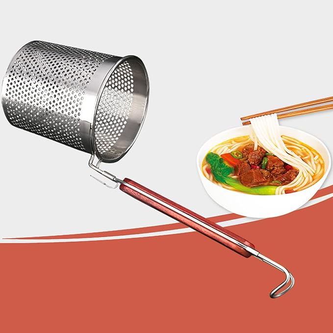 Lawei 3 Packs Mesh Pasta Basket with Wooden Handle Stainless Steel Mesh Spider Strainer for Pasta, Noodles, Dumpling