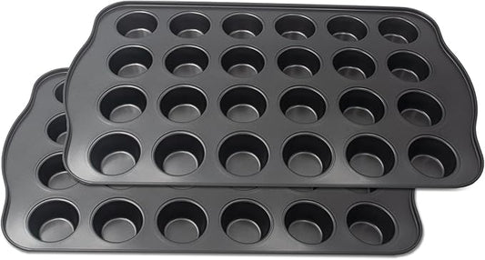 Bakexcel Non-Stick Mini Cupcake Pan, 1.97" 24-Cup Set of 2 Baking Pans, Heavy Duty Carbon Steel Tin for Mini Muffins & Cupcakes