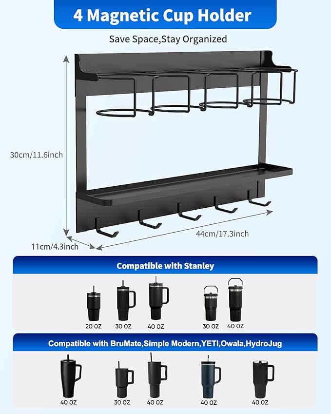 Magnetic Cup Holder for Stanley 20/30/40 oz, Water Bottle Organizer for Stanley & Most Tumblers Kitchen Cabinet Fridge Storage Rack with 5 Hook