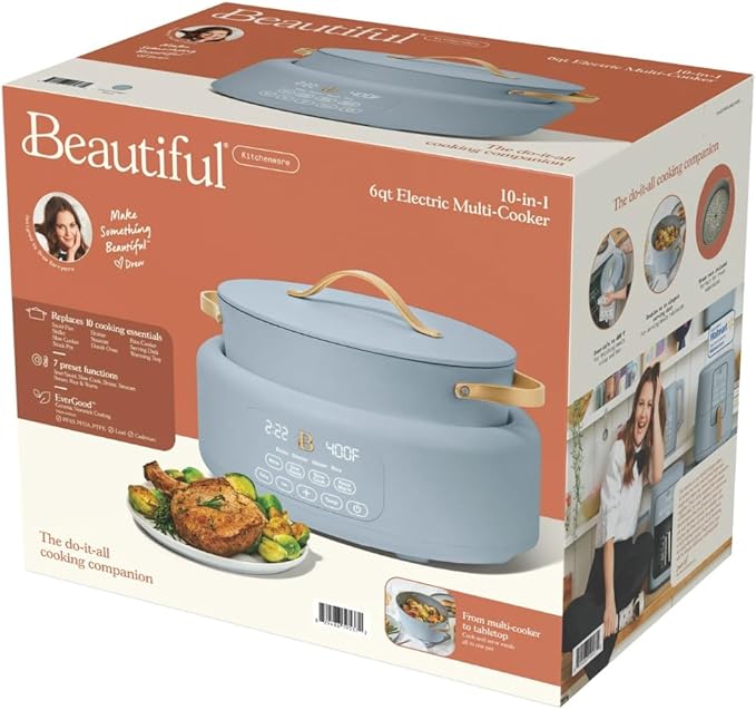 Beautiful 10-in-1 Electric Multi-Cooker by Drew Barrymore, 6-quart, digital display, 10 cooking functions, non-stick pot, easy one-touch control (Cornflower Blue)