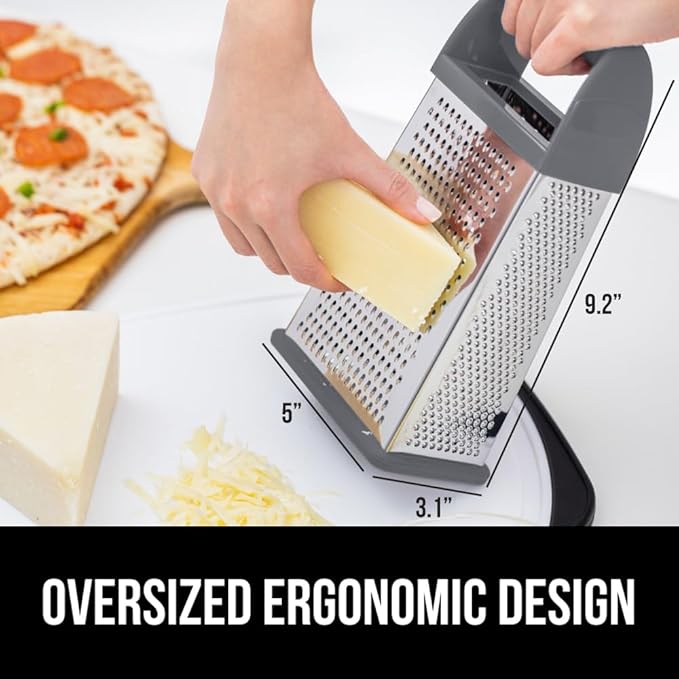 GORILLA GRIP 4-Sided Stainless Steel Cheese Grater With Container, 100% BPA-Free Box Grater, Slip Resistant Base and Handle, Grate Parmesan, Hard Cheeses, Shred Vegetables, Dishwasher Safe, Gray