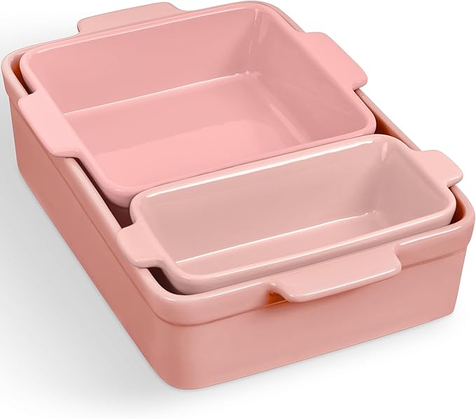 Best Choice Products 3-Piece Ceramic Bakeware Set, Stoneware Baking Dishes, Porcelain Casserole Bakeware Dishes, Serving Dishes - 9x12 Casserole, Loaf Pan, 8x8 Baking Dish - Pink Champagne