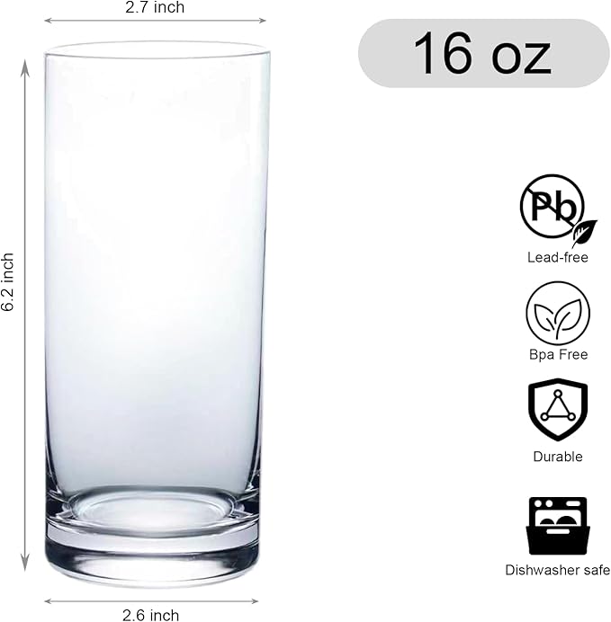 Drinking Glasses Set of 8, 16oz Glass Cups, Kitchen Highball Glasses for Beer, Juice and Cocktail, Collins Water Glasses for Bar Glassware, Unique Gifts for Christmas