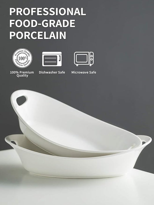 YHOSSEUN Large Serving Bowl with Handles, 1.5 Quarts Oval Serving Platter for Turkey, Thanksgiving Serving Dishes for Entertaining, Ceramic Salad Bowls Set of 2 White