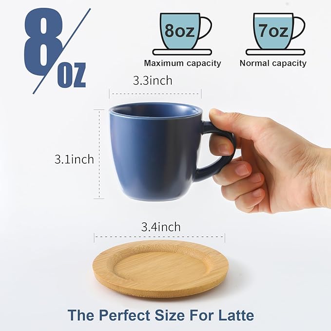 HASENSE 8 OZ Cappuccino Cups with Saucers, Ceramic Espresso Cups Set of 6, Coffee Cup with Handle for Double Shot, Latte, Mocha, Espresso Cups for Home and Office,Blue