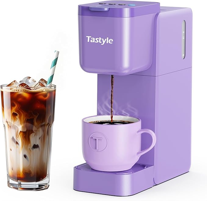 Tastyle Single Serve Coffee Maker Hot and Iced with Bold Brew, Small Coffee Machine for K Cup and Ground, Fits 7.3'' Travel Mug, Brews up to 16 Oz, 5 Cup Sizes, Compact for Office, RV& Hotel, Purple