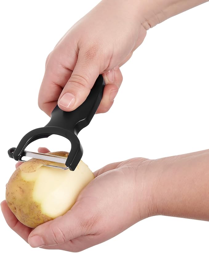 CatCora Swiss-Style Peeler, Professional German Tempered Stainless Steel Blade For Peeling Fruits and Vegetables and Garnishing, Ergonomic Contoured Handle, Black