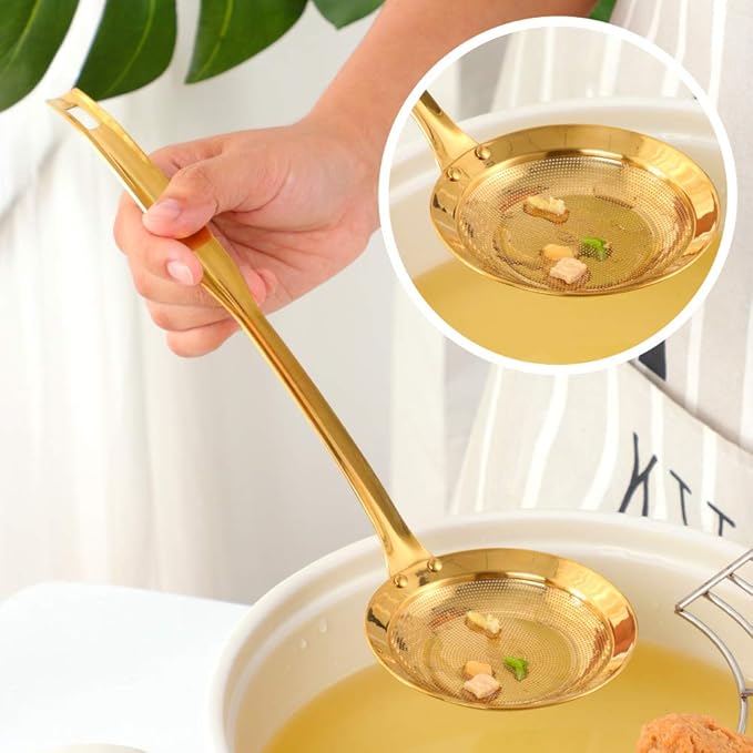 Set of 2 Food Strainers Fine Mesh, Mingcheng 304 Stainless Steel Hot Pot Fat Skimmers for Cooking Grease Gravy and Foam with Long Handle, Small(Dia 3.54in) and Large(Dia 4.53in) Size Gold