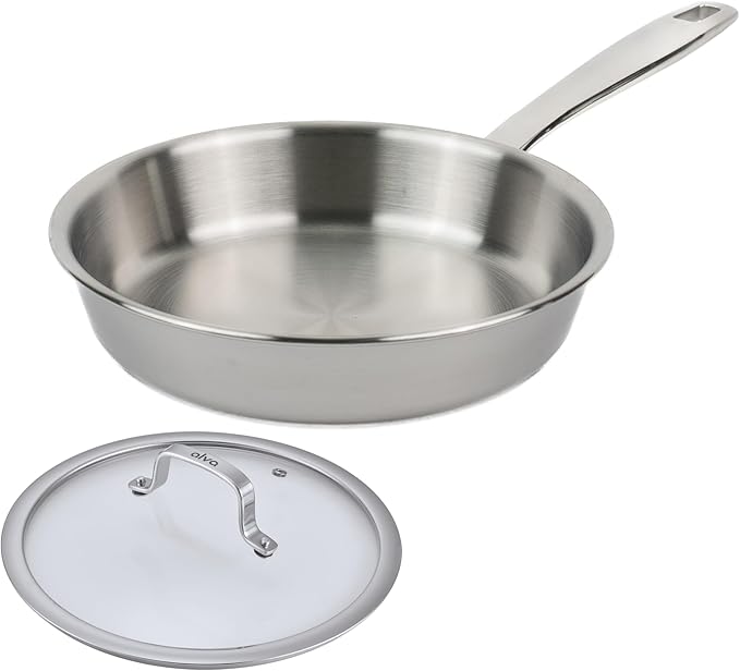 Alva Maestro 8" 5-Ply Stainless Steel Frying Pan with Glass Lid – PFAS-Free, Non-Toxic & Oven Safe Cookware – Induction Compatible, Even Heat Distribution, Ergonomic Stay-Cool Handle – Belgian Design