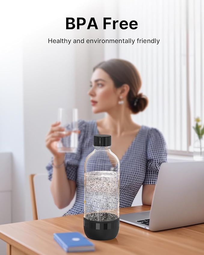 Soda Maker Bottles, BPA-Free Reusable Soda Bottles (2-Pack), 1L Leakproof Carbonated Water Bottles with Secure Seal, Compatible with Most Soda Makers Black