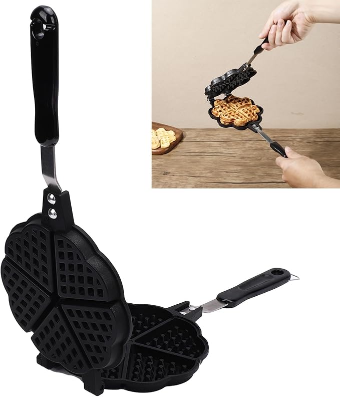 Waffle Maker, Make 5 Mini Heart Shape Waffle Pan, Small Kitchen Stovetop Waffle Baking Pan for Campfires, Gas Cooker, 2 Burner Camp Stovetop