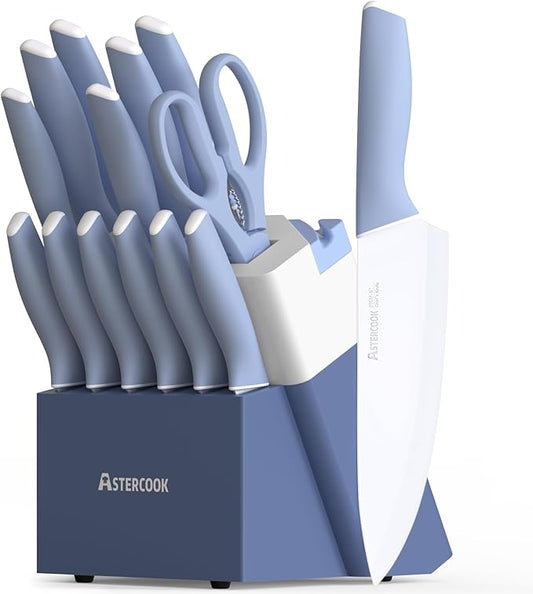 Astercook Kitchen Knife Set with Block and Sharpener 15 Piece Ceramic Coating German High Carbon Stainless Steel Knives Sharp Blade Dishwasher Safe Deba Knives with Ergonomic Handle, Delicate Blue