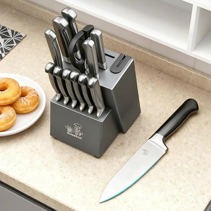 15-Piece German Kitchen Knife Set with Block - Ultra-Sharp Full-Tang Stainless Steel Blades, Built-In Sharpener, Dishwasher Safe, Ergonomic Non-Slip Handles, Christmas Elegant Gift Box, Modern Gray