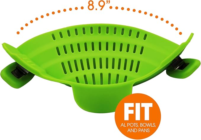 Cheer Collection Silicone Clip on Pot Strainer, Heat-resistant Snap-On Strainer for Pasta, Noodles, Rice, Meats and Vegetables, Green