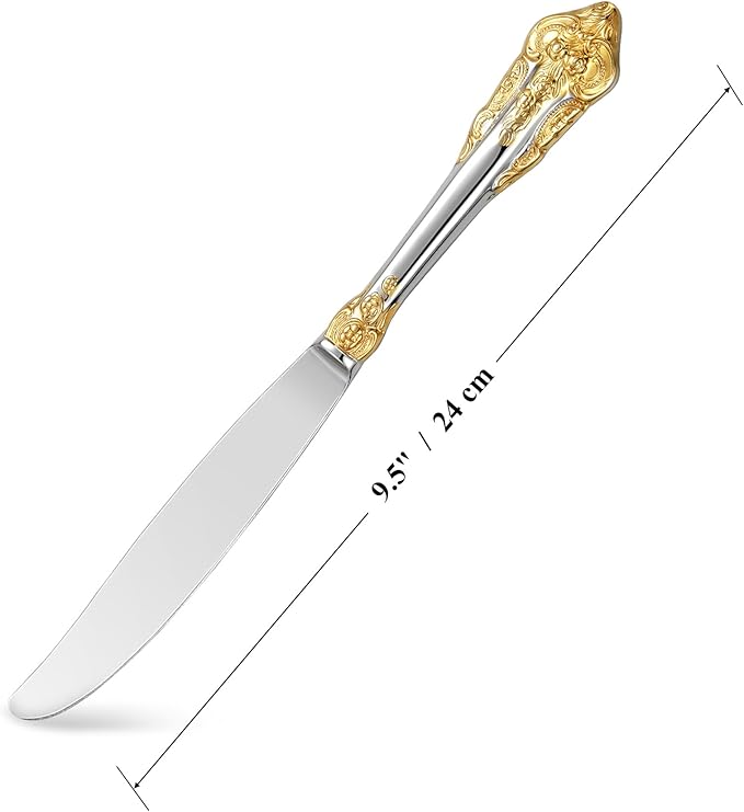KEAWELL Gorgeous Dinner Knife, Set of 4, 18/10 Stainless Steel, Mirror Polished, Luxury Dinner Knife Set. (Gold Accent)