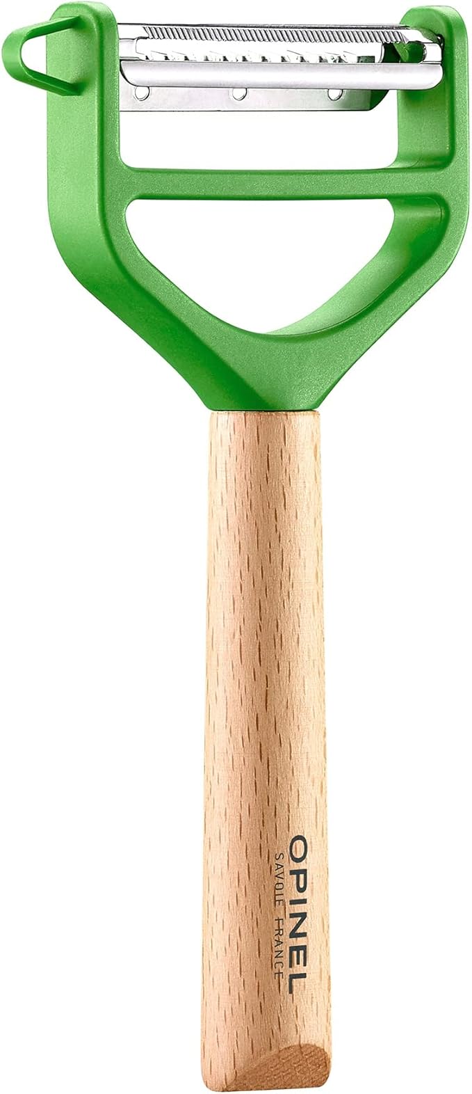 OPINEL - T-Duo Wooden Handle Peeler - Stainless Steel Blades - Comfortable Grip - 1 Micro-Serrated Blade for Peeling + 1 Blade for Preparing Vegetables (Green)