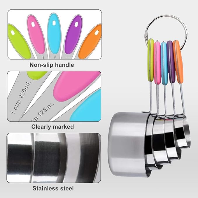 Measuring Cups and Spoons Set, Set of 10 Stainless Steel Measuring Cups and Spoons, with Silicone Handles, Stackable, Easy to Store for Kitchen, Cooking, Baking (Colorful)