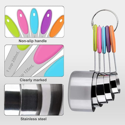 Measuring Cups and Spoons Set, Set of 10 Stainless Steel Measuring Cups and Spoons, with Silicone Handles, Stackable, Easy to Store for Kitchen, Cooking, Baking (Colorful)